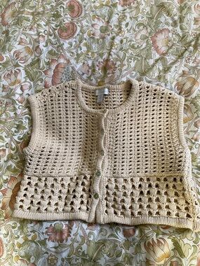 House of Harlow 1960 Crochet Knit Button-Front Vest in Cream